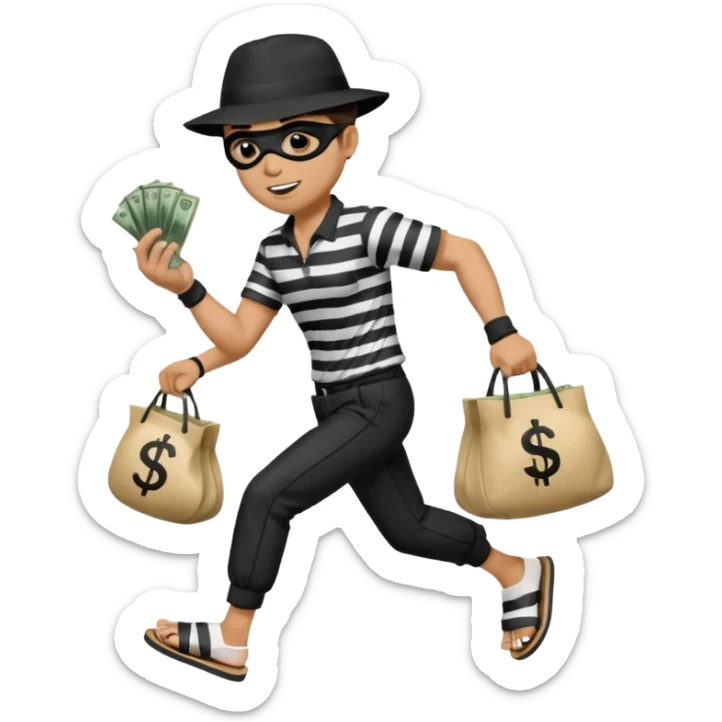 Make a man wear a black pant and he shirt is balck line and white line and wear a black hat and he holding a money bag and he running he wear a black eye thing no money in the Left hand and he yellow and the money bag in the right he wear a flip flop like this is Money bag 💰 sticker