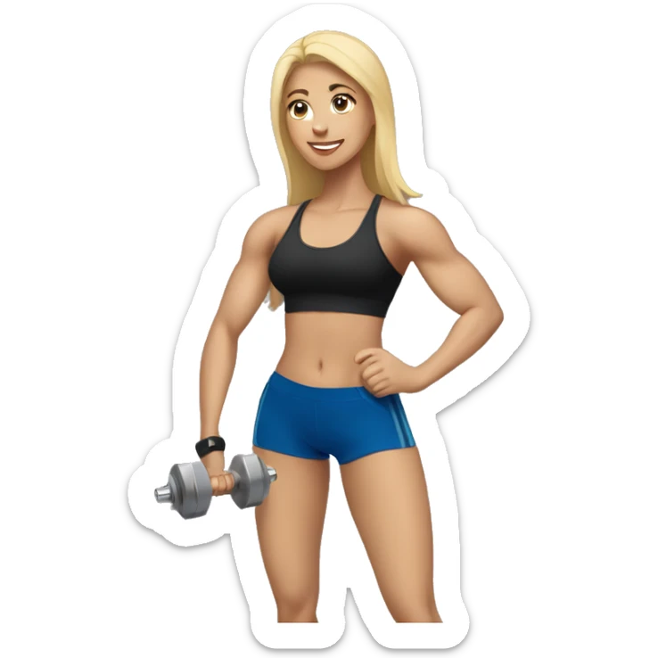 blonde woman working out with a black tank top and a blue shorts holding a dumbbell sticker