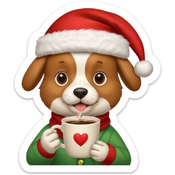 Un perro con un sombrero de Navidad que tenga una taza de café en la mano sticker