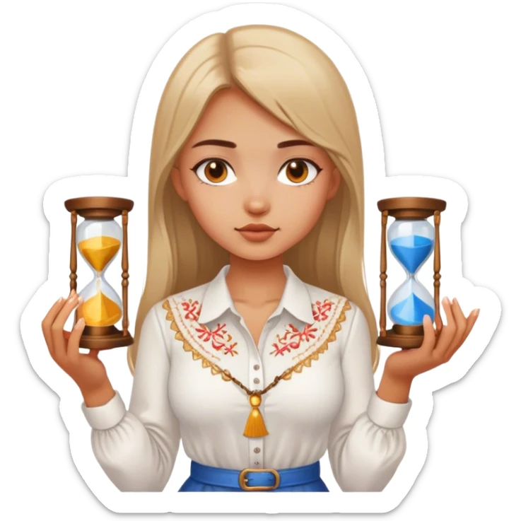 A Ukrainian girl in a white embroidered shirt holds an hourglass in her hands sticker