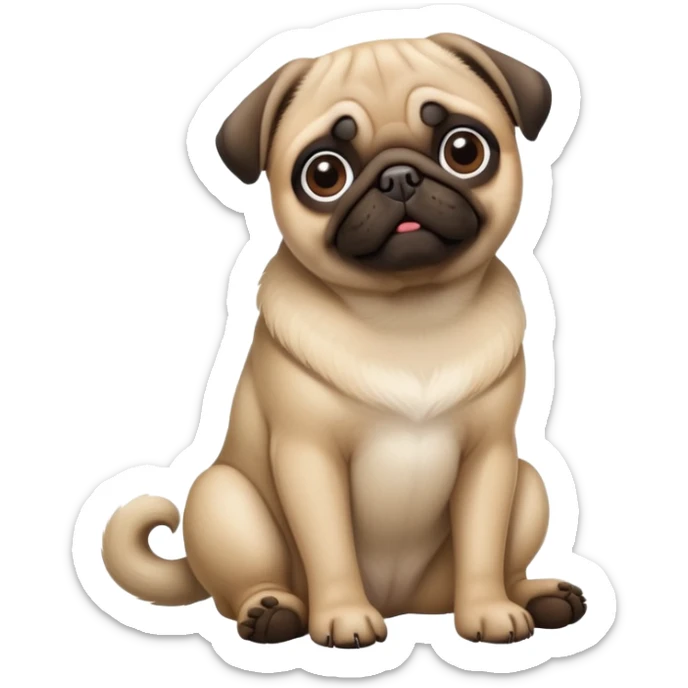 detailed-[pug]-realistic-full-body-sitting-emoji,-tail-resting-loosely-beside-its-paws,-head-tilted-dramatically, -sleek-[fawn]-fur,-simplified-yet-realistic-focused-features,-highly-detailed,-glowing-with-an-almost-sarcastic-glow sticker