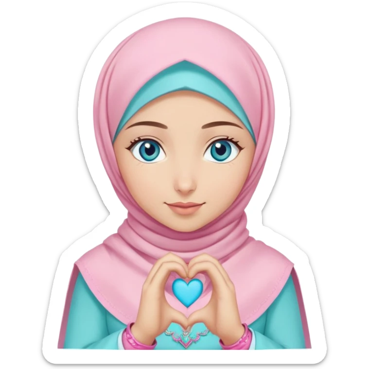 Turkish beautiful finish Konya girl blue eyes with light turquoise and pink hijab islamic dress and making heart with hands and with thank you text sticker