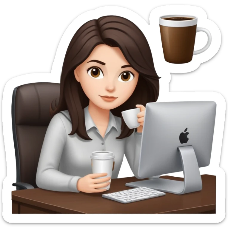 white girl with dark brown/black hair with fresh blowout sitting at a desk with coffee and computer sticker