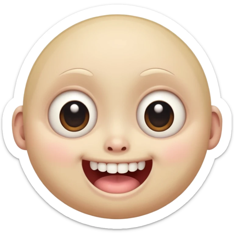 a creepy face with huge eyes and a big grin, kawaii, cute, soft, huge eyes, round mouth, mama sticker