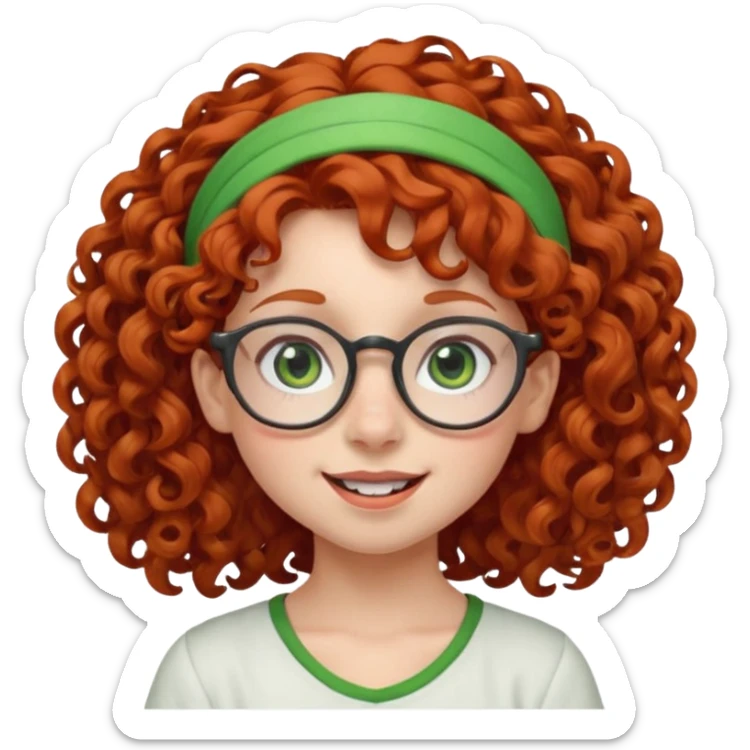 redhead kid with unique face features and very curly hair kid girl happy and big glassess and big nose and very green eyes and headband sticker