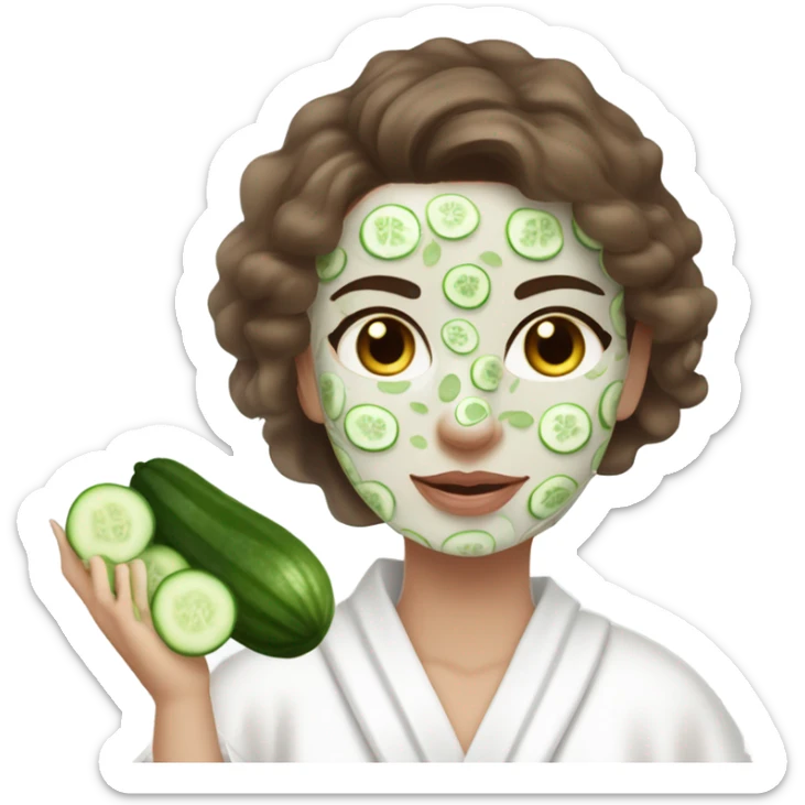 White girl with Brown hair and blue eyes wears a Green colored skincare clay textured mask and puts on cucumbers around her eyes while She relaxes in her white Robe sticker