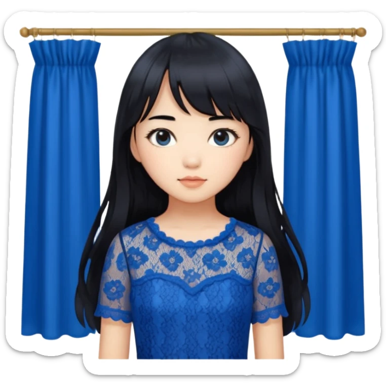 Long hair asian girl with curtain bangs with a blue lace top on with GG written sticker