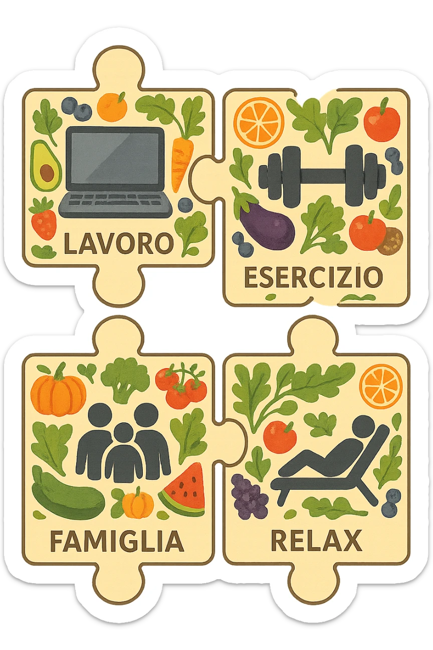 Puzzle (Lavoro, Esercizio, Famiglia, Relax), in lavoro metti icona di un PC, in Esercizio un Manubrio, in Famiglia una famiglia, in Relax qualcuno che riposa and healthy foods are integrated into each piece. in italiano sticker