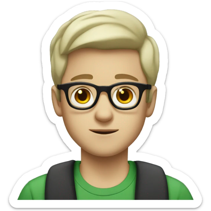 White boy with black hair wearing glasses and wearing tshirt and green cardigan sticker