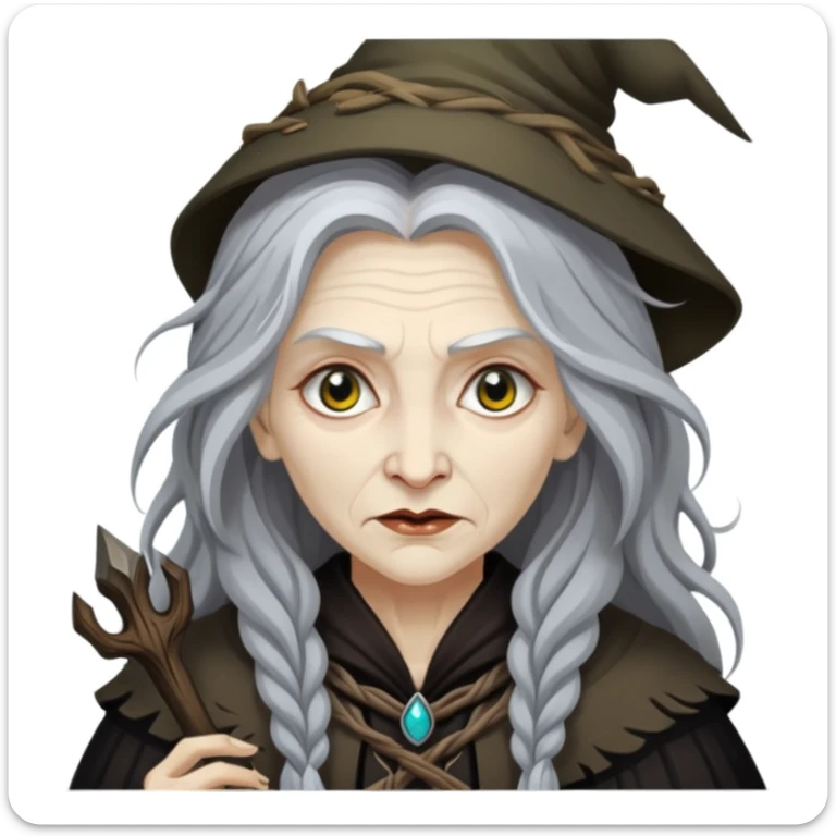 Baba Yaga sorceress woman with long wild hair, forest background sticker
