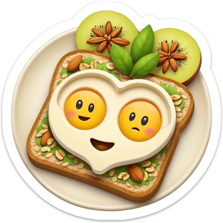 Vegetarian breakfast emoji illustration, flat iOS emoji style, toast, fruits, oatmeal, nuts, milk, no eggs, no meat, no fish, no non-vegetarian food, clean white background.” sticker