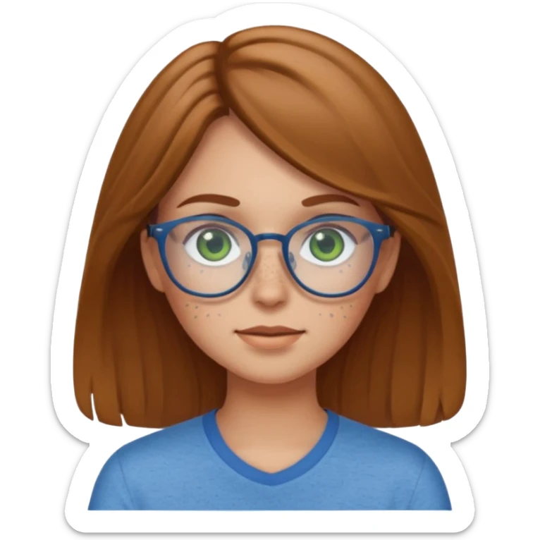 Create an emoji of a girl with light brown hair medium length hair, green eyes, freckles, glasses and wearing a blue shirt sticker