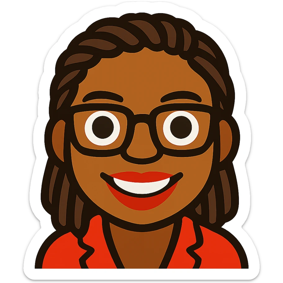 headshot emoji of Kemi Badenoch, with glasses and braided hair, standing, cartoon style, transparent background sticker