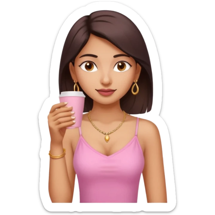 a pretty fair indian bratz girl with a pink cami top, drinking takeaway brown coffee, golden dainty necklace sticker