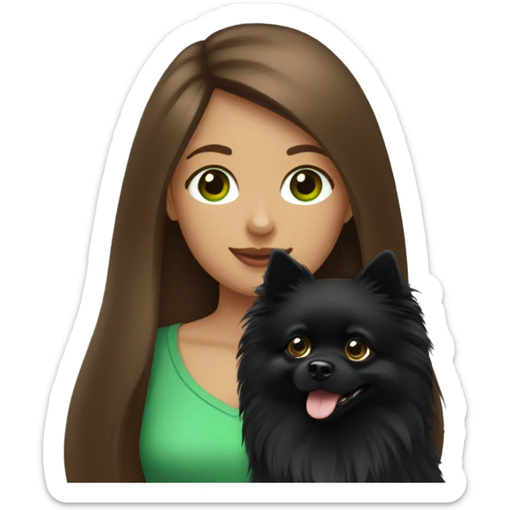 girl with brown long hair, green eyes holding a black Pomeranian spitz dog sticker