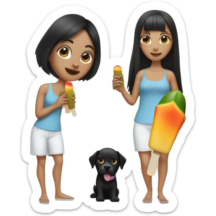 A white woman with long straight black hair, brown eyes, holding a black dog and a mango flavored ice popsicle in the other hand  sticker
