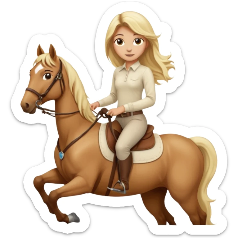 Tan girl with long blonde hair wearing a cream colored long sleeve shirt and riding pants on top of a brown horse with 4 legs sticker