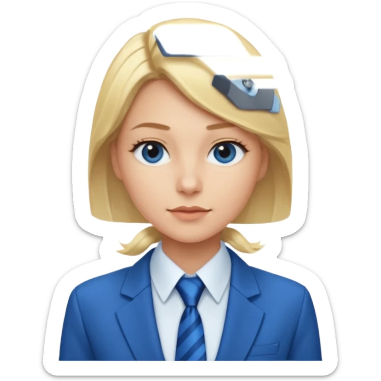 une femme blonde jolie avec une chemise blanche et une veste a manche longues et cravate bleu sticker