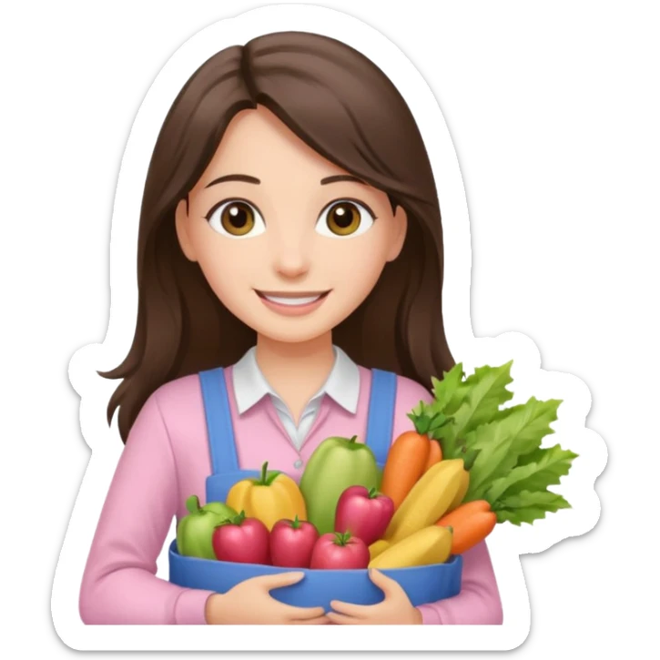 smiling long brunette hair girl hazel eyes wearing light pink clothes holding groceries sticker