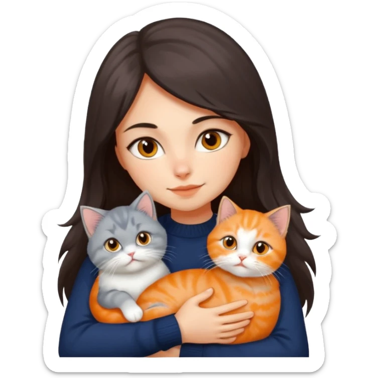 a girl with long dark brown hair, in a navy sweater, hugs a persian peaknose grey cat and persian peaknose orange and white kitten sticker