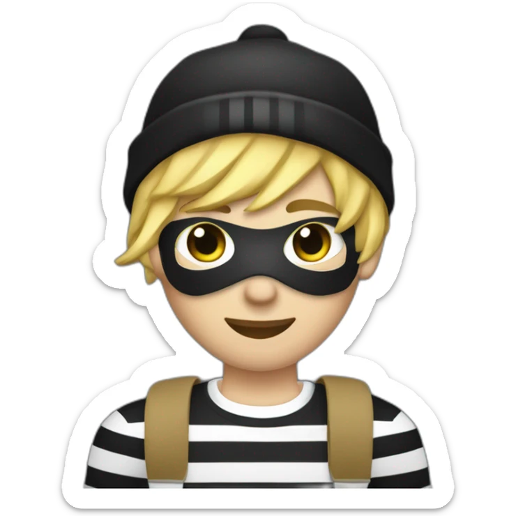 robber with blonde hair wearing a black beanie and a long sleeved white and black horizontally striped t-shirt and wearing black eye mask and holding a bag of money in their left shoulder sticker