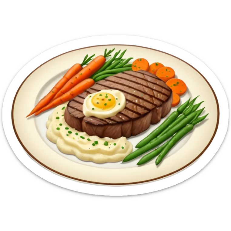 Medium rare Wagyu steak on a bed of creamy garlic mash potatoes couples with pan seared carrots and  green beans sticker