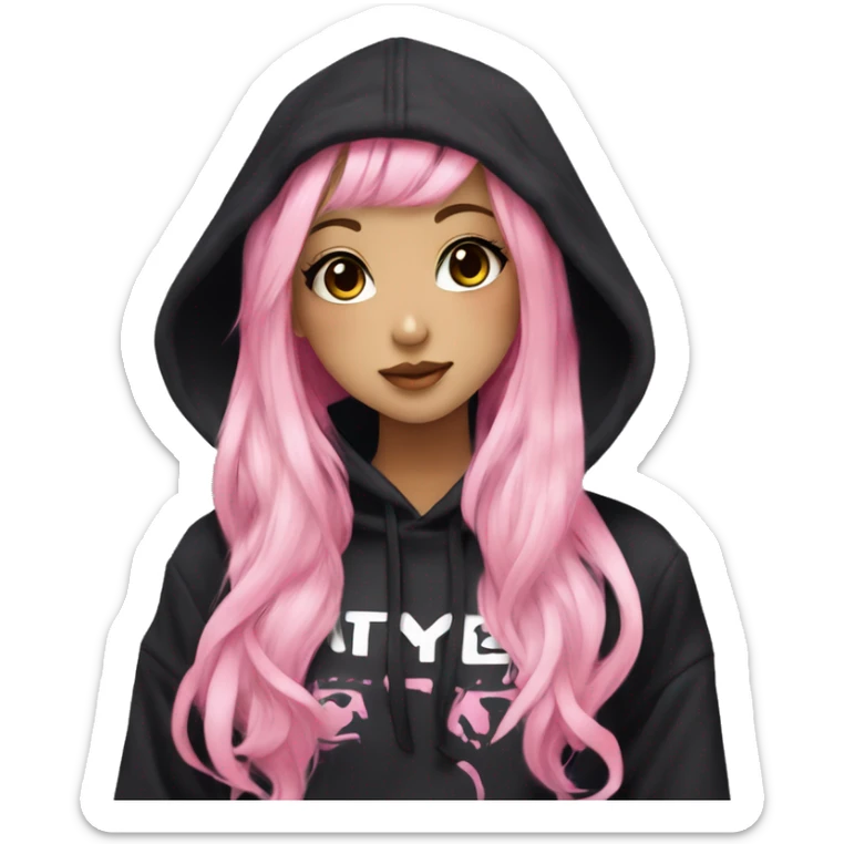 hime gyaru girl, black and pink hair, dark makeup, black hoodie sticker