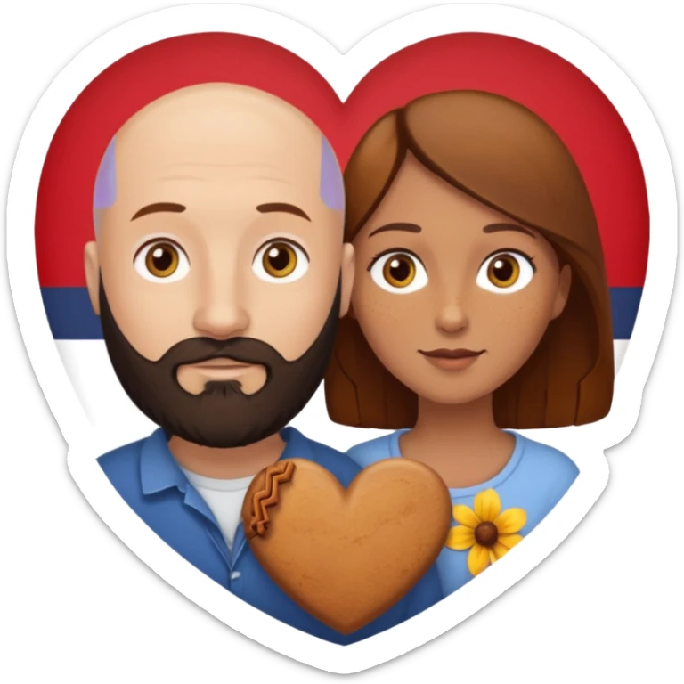 Couple. Bald man with dark brown-black beard. Woman with many small, faded freckles, white skin and she has auburn-yellow-brown-caramel-cinnamon dark hair. She has light yellow-brown eyes. The man have hazel eyes. They are inside a big heart. sticker
