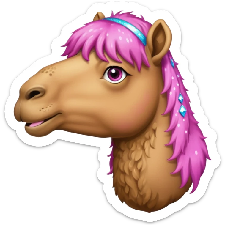 Camel with toes on his hoofs and pink beard that comes out of his chin with sparkle eyes facing forward sticker