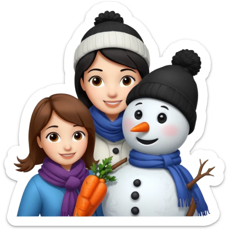 Cartoon girl with brown hair and scarf, building a snowman. Cartoon boy with black hair, placing a carrot nose on the snowman, smiling sticker