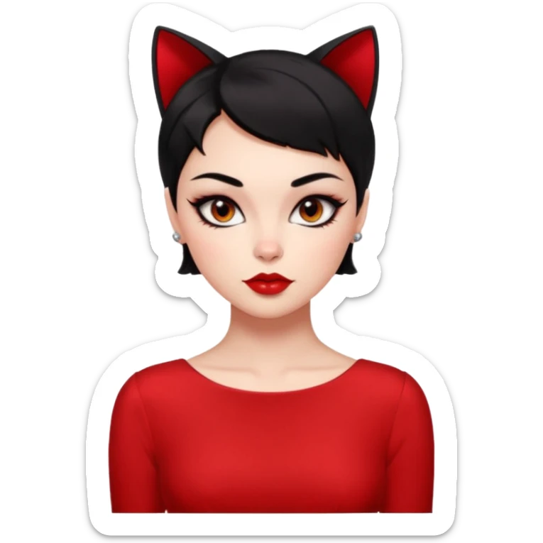 Chica Otaku con delineado gatita con vestido rojo y pelo corto negro súper sexy sticker