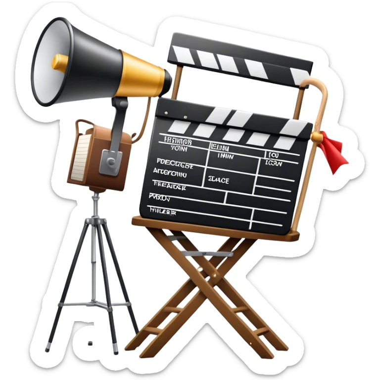 Icon for Directing: a director's chair, a film slate, a megaphone, and a stage set with lights. The icon should represent the creative and leadership aspects of directing, with focus on film and theater production. Transparent background. sticker