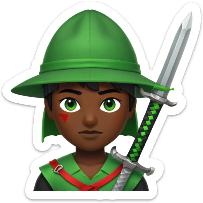 a black skined person and 1 eye is red with a glare and has a green roblox sword with a green 1x1x1x1 hat  with black legs and a blacks arms sticker