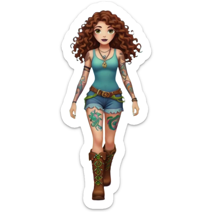 full body view of a woman with long curly brown hair, brown eyes, white skin, tattoos, walking forward through psychedelic fog, glowing vines wrapping around her boots sticker