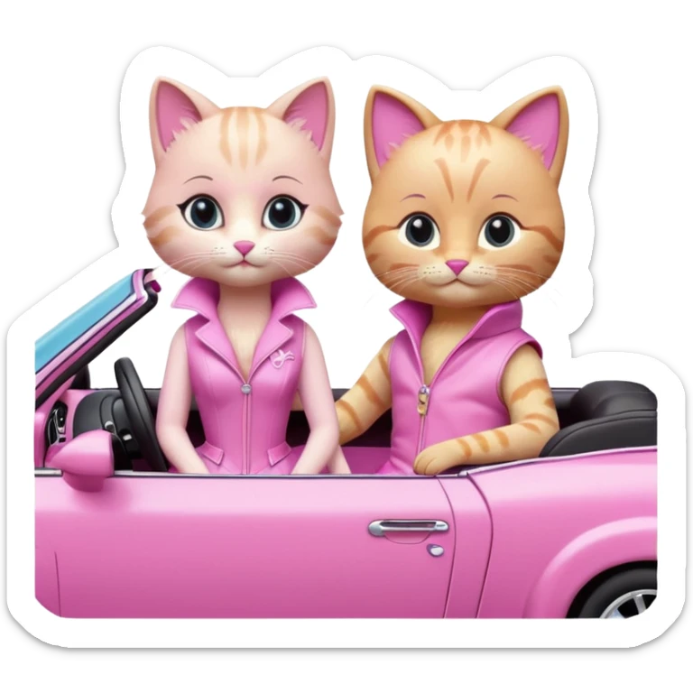 two realistic cats wearing Barbie and Ken costumes, sitting in a pink convertible sticker