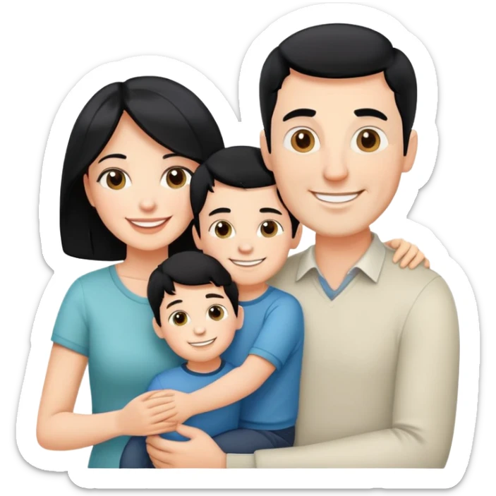 happy white family with husband with black hair, wife and one son smiling together sticker