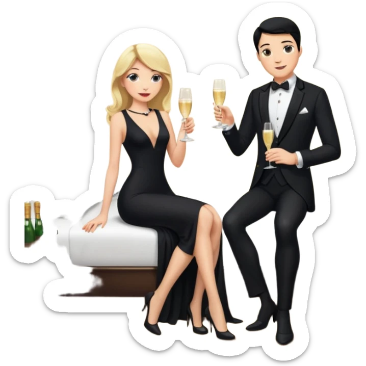 Blonde woman, black, Long, tight, sleveless Dress, Slot left Leg, stockings, man, DARK Hair, in Dinner jacket, Background bedroom, drinking champaign sticker