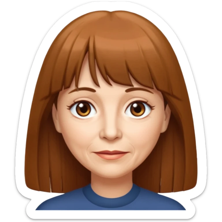 60 yr old woman, very small brown eyes, long straight brown hair, bangs,  sticker