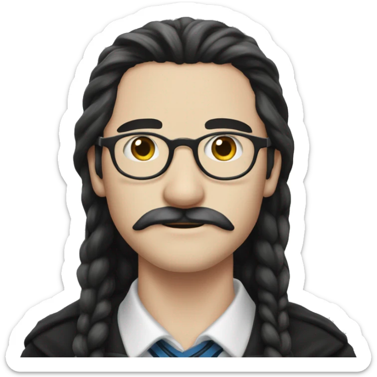 he has got white skin, he has got long black an very straight hair, he has got a mustache, he has got glasses, he is from ravenclaw sticker
