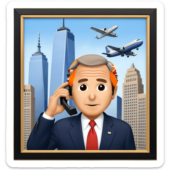  emoji of the world trade center with a plane crashed into it and george bush on a phone in front of them sticker