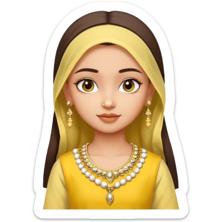 generate an ios genmoji in a bratz style of a fair beautiful indian girl wearing a casual kurti (yellow) with dupatta in white sticker