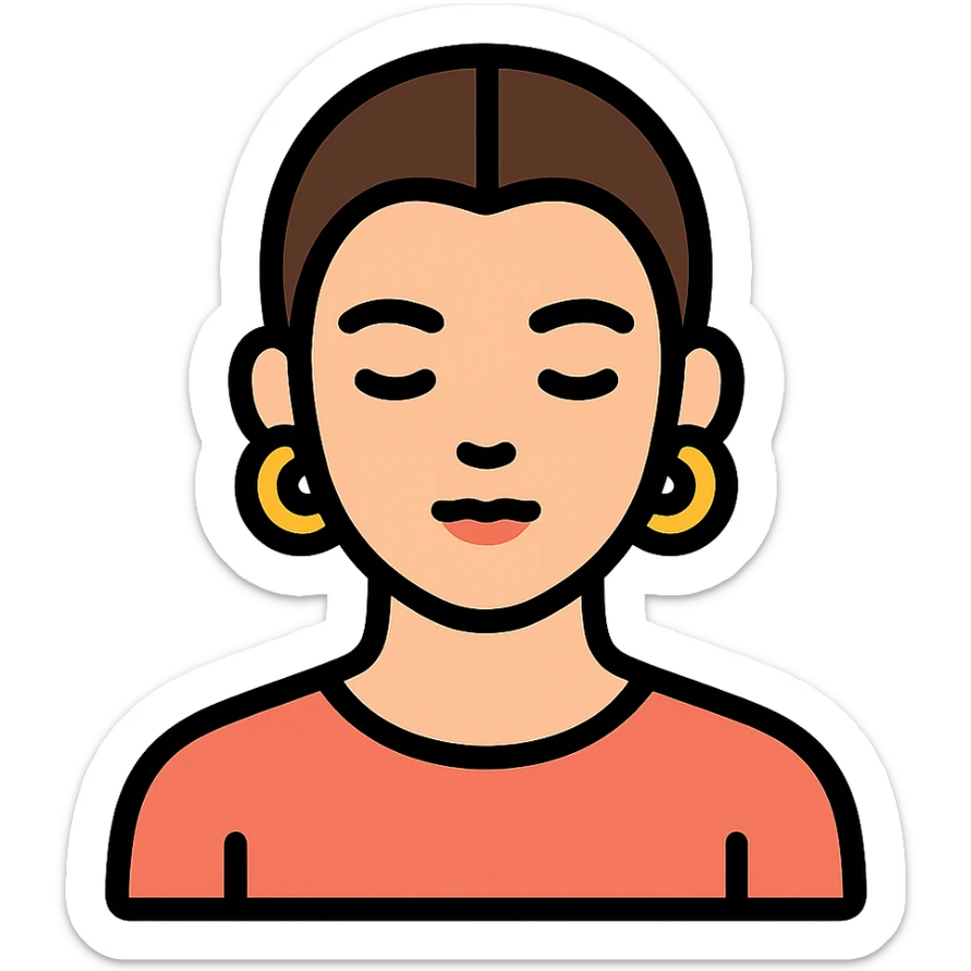 minimalist icon of a clean girl with slicked-back hair, gold hoop earrings, natural makeup, neutral background sticker