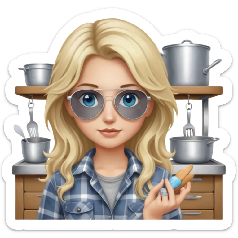 girl with long blond messy hair wearing grey plaid shirt with blue eyes and aviator sunglasses wearing a ring on her silver necklace, holding baking supplies sticker