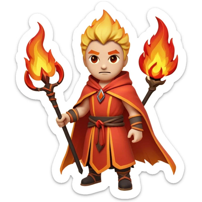 Clash of Clans aesthetic: Cinematic Ferocious Fire Mage Hero Emoji, rendered in a 3D vector-style similar to standard emojis with minimal shading and bold, simplified shapes. A compact, isometric figure draped in flowing, charred and ember-lined robes, wielding a fiery staff crackling with intense flames. Eyes burning with an infernal glow, exuding raw, untamed power. Simplified yet unmistakably iconic, highly detailed and consistent, glowing with a fiery, molten radiance and high shine. Stylized with a touch of menacing sorcery and a searing, ember-infused outline, capturing the essence of a wrathful mage ready to unleash devastating fire magic! sticker