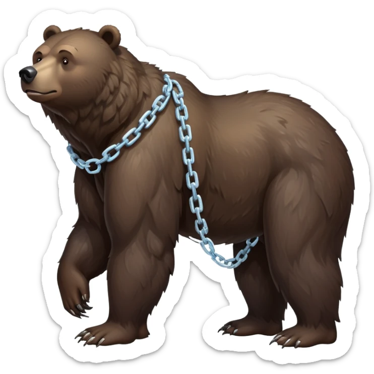 Full-body shot of realistic dark brown bear on all four legs, showing complete bear from head to tail, stern expression, ice chain collar sticker
