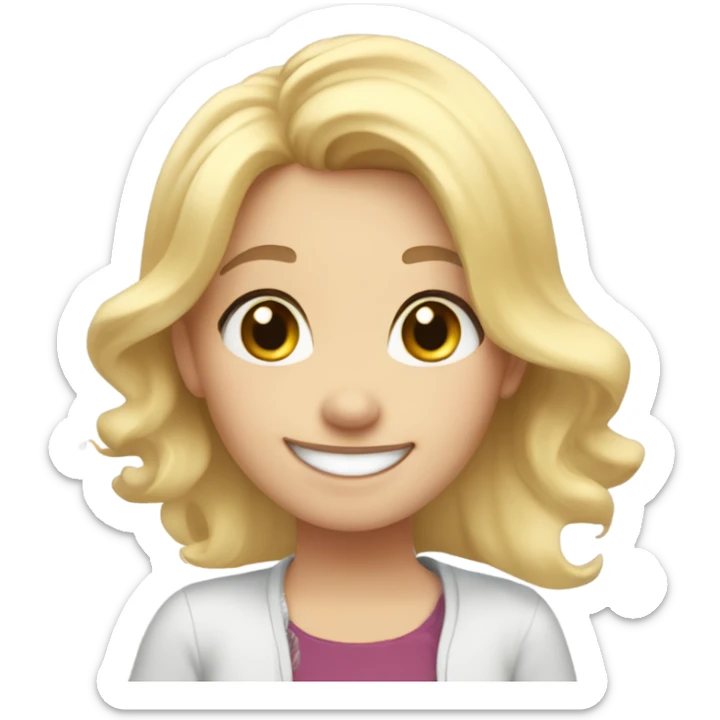 blond hair girl, hair to chin, smiling saying welcome, doing hand gesture and around are stars sticker
