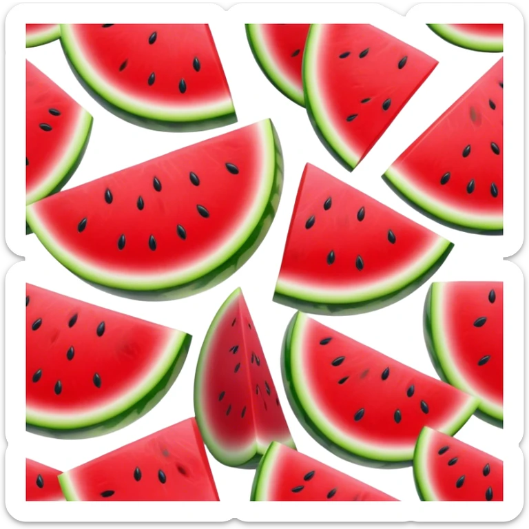 Cinematic juicy watermelon, thick slices revealing vibrant red interior, glossy and glistening with tiny black seeds, fresh and refreshing, soft glowing background, summer vibes. sticker