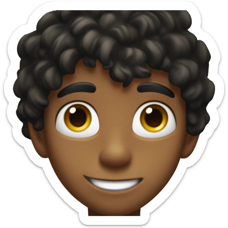 "Close-up of a young boy's face with tousled black hair, tanned skin, and big, expressive brown eyes full of curiosity. He has a playful smile and slight freckles, set against a blurred jungle background." sticker
