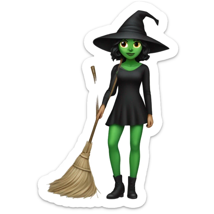 Woman with  striking green skin, dark hair, wears a black dress and a pointy hat  carries a broomstick, sticker