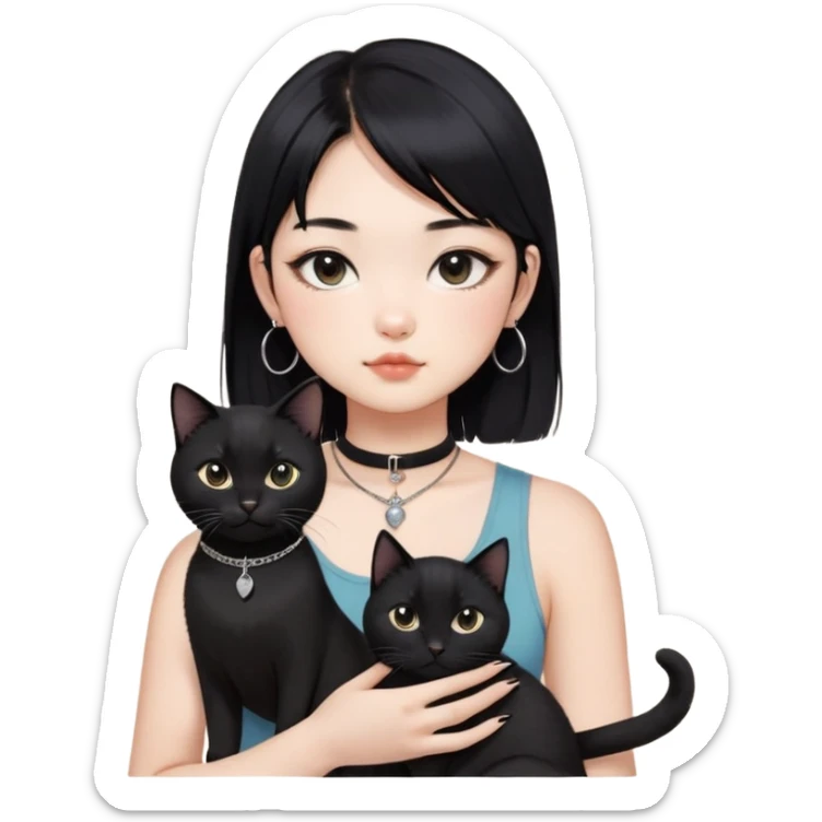 Asian cool girl, black hair, medium length.  Holding two BLACK cats. one cat has a round fat face, the other one has a slightly slimmer face. Both pure black.  The girl also wearing a black singlet, a black chocker, silver round hook earring, and wearing eyeliner.  sticker
